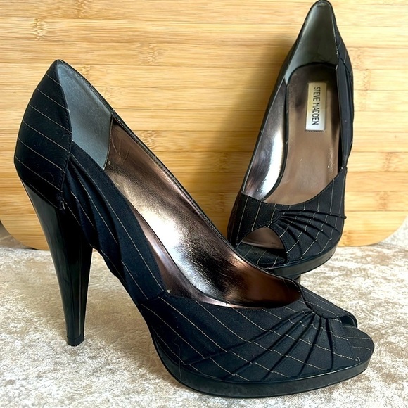 Steve Madden Black Pinstripe Peep Toe 5" Platform Heels Pump Office Leather Sole - Picture 1 of 15